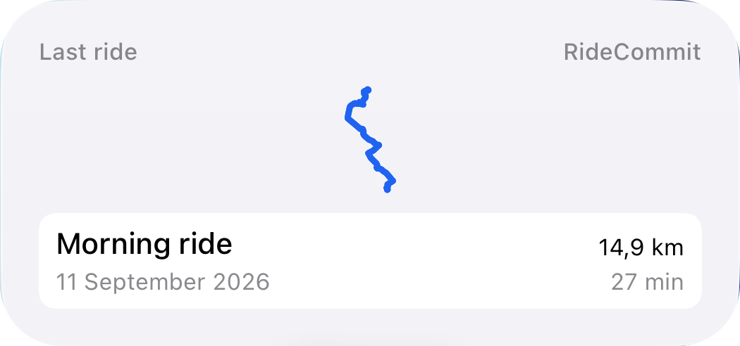 RideCommit last-ride widget showing a recorded route, ride name, distance and duration